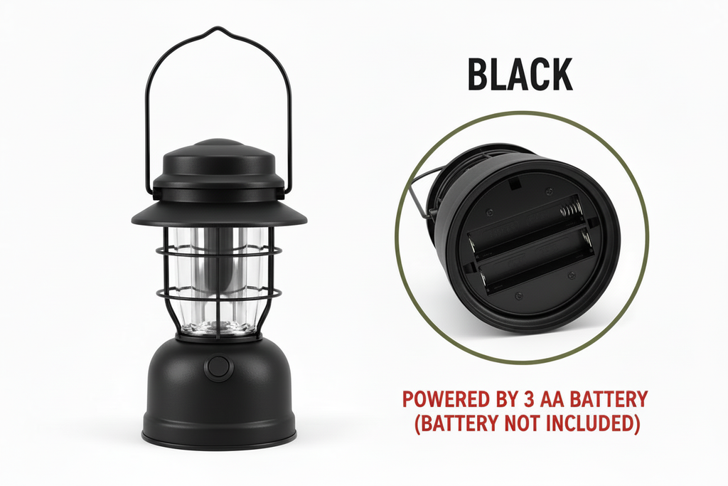 Black camping lantern with battery specification - both views black