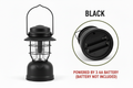 Black camping lantern with battery specification - both views black