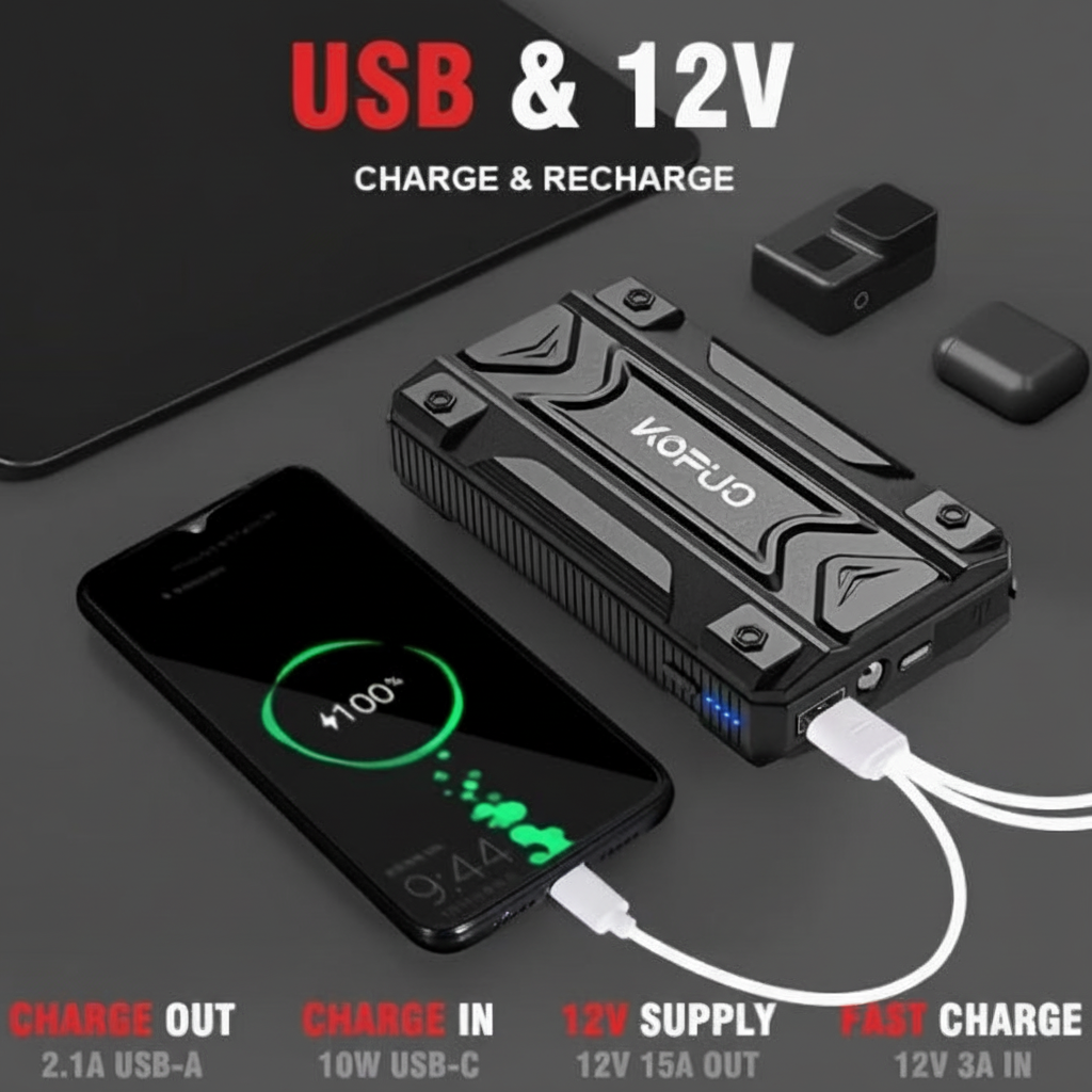 Jump starter charging demo with prominent top text