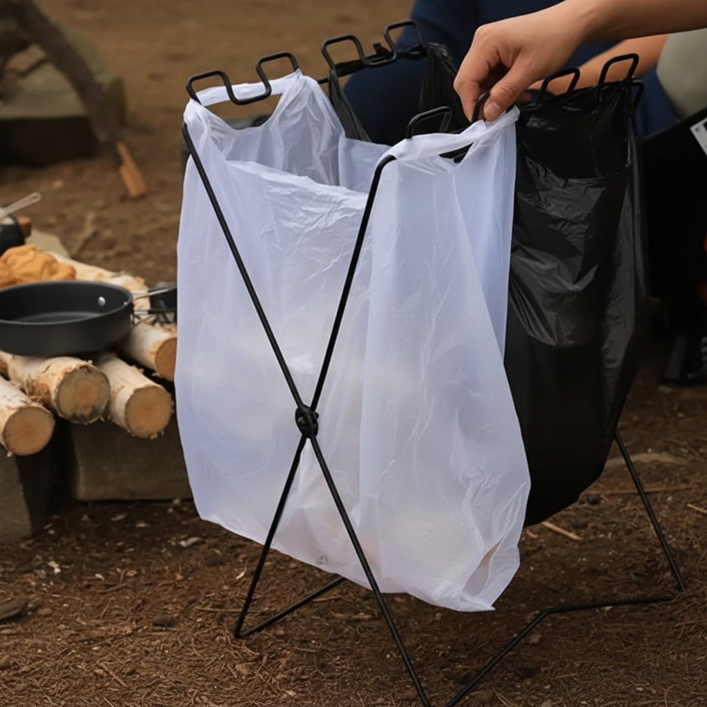 Premium camping trash bag holder in use