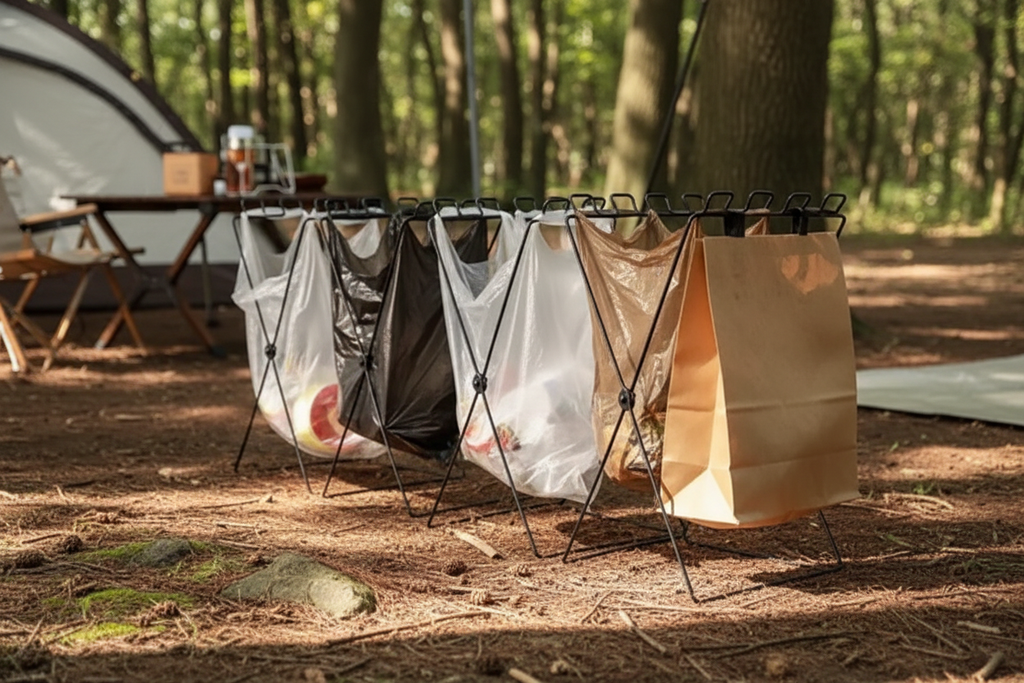 Premium camping trash holders at campsite